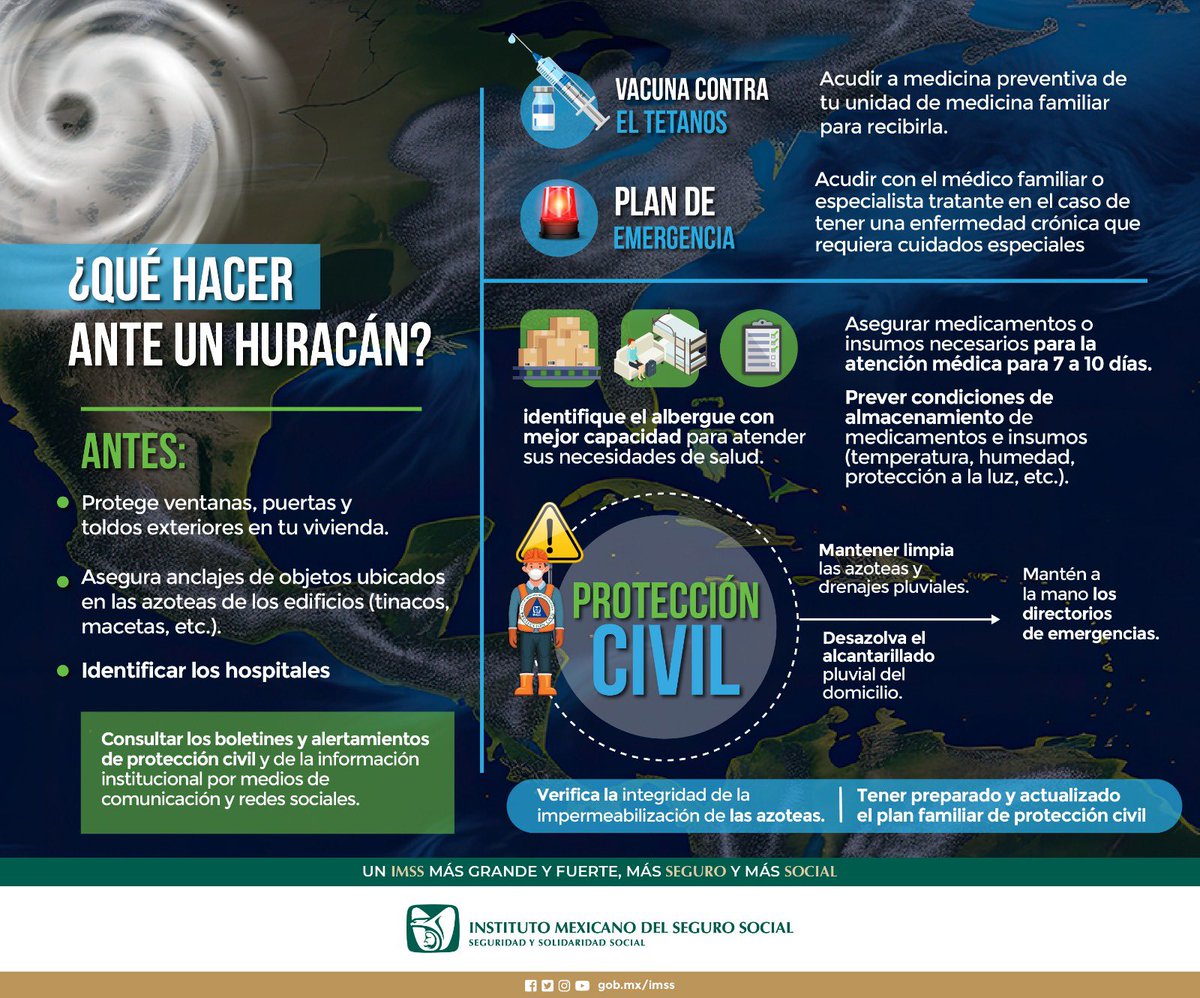 IMSSCDMXNorte's tweet photo. 🌀🌧️¡Mantente alerta durante la temporada de huracanes! 

Infórmate sobre cómo proteger a tu familia y tu hogar, sigue las recomendaciones esenciales de Protección Civil y consulta las actualizaciones y alertamientos de las autoridades. 

#HuracánBeryl https://t.co/0pOnvjMgqD
