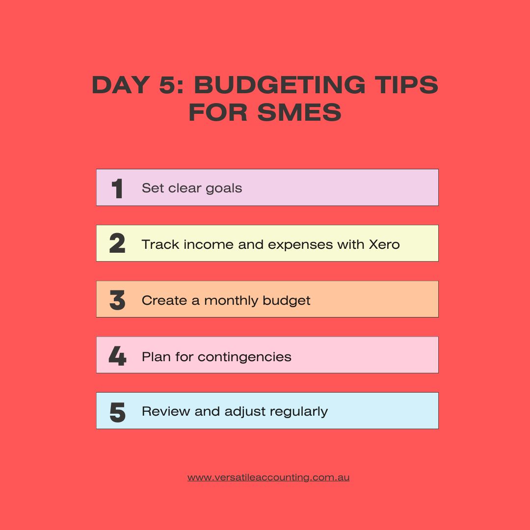 🚀 Day 5: Budgeting Tips for SMEs 🚀
Set clear goals 🎯
Track income &amp; expenses with Xero 💼
Create a monthly budget 📊
Plan for contingencies 🛡️
Review &amp; adjust regularly 🔄
Stay on top of your finances! More tips in our 30-Day Business Success Series. #BudgetingTips #SMEs #Xero