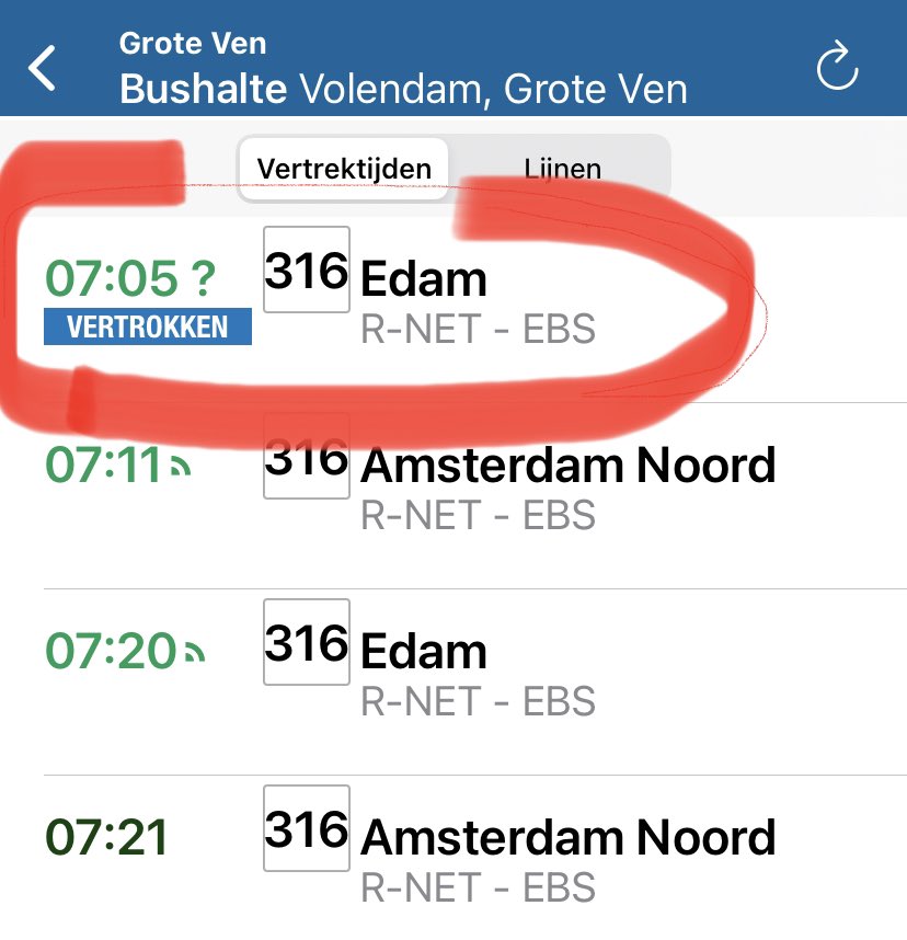 En jawel de ‘onzichtbare’ lijn 316 is wederom ‘vertrokken’ Kan weer 15 min wachten .. Zet dan in ieder geval in de app dat die 💀🤬🤬 bus vervalt <a href="/EBS_OV/">EBS Public Transportation BV</a>