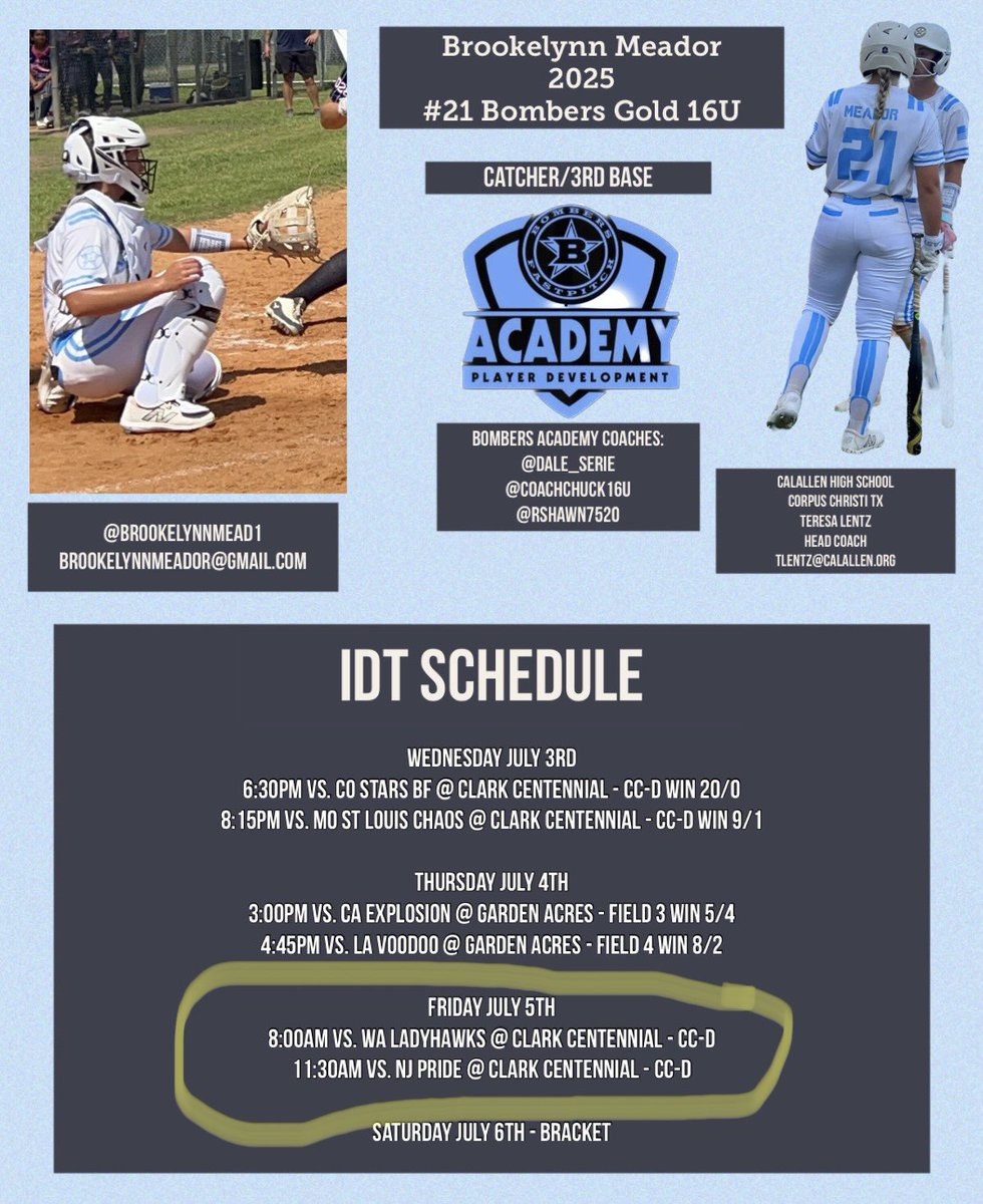 Brookelynn Meador (@brookelynnmead1) on Twitter photo Heading into our last day of pool play tomorrow, we start early over @ Clark Centennial Park at 8:00 am. Come on over and check us out! <a href="/Rw15Woodard/">Ricci Woodard</a> <a href="/ScottWoodard8/">Scott Woodard</a> <a href="/Vanntastic8/">Vann Stuedeman</a> <a href="/torismith_6/">Tori Smith</a> <a href="/Coach_JimBray/">Jim Bray</a> <a href="/coachchuck16u/">Chuck Peters</a> <a href="/dale_serie/">Dale Serie</a> <a href="/rshawn7520/">Rodney Williams</a> <a href="/bombers_academy/">Bombers Academy</a> Heading into our last day of pool play tomorrow, we start early over @ Clark Centennial Park at 8:00 am. Come on over and check us out! <a href="/Rw15Woodard/">Ricci Woodard</a> <a href="/ScottWoodard8/">Scott Woodard</a> <a href="/Vanntastic8/">Vann Stuedeman</a> <a href="/torismith_6/">Tori Smith</a> <a href="/Coach_JimBray/">Jim Bray</a> <a href="/coachchuck16u/">Chuck Peters</a> <a href="/dale_serie/">Dale Serie</a> <a href="/rshawn7520/">Rodney Williams</a> <a href="/bombers_academy/">Bombers Academy</a>