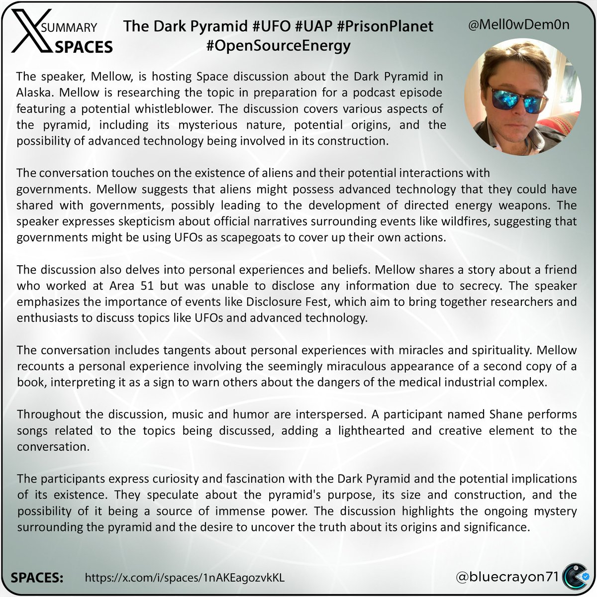 bluecrayon71's tweet photo. The Dark Pyramid UFO UAP PrisonPlanet OpenSourceEnergy @Mell0wDem0n
Spaces: https://t.co/8g545ckV9K
#DarkPyramid #Alaska #Whistleblower #UFOs #Aliens #DirectedEnergyWeapons #ConspiracyTheories #ZeroPointEnergy #Miracles #Spirituality #Music #AncientCivilizations #Technology https://t.co/mxlOFXGcUk