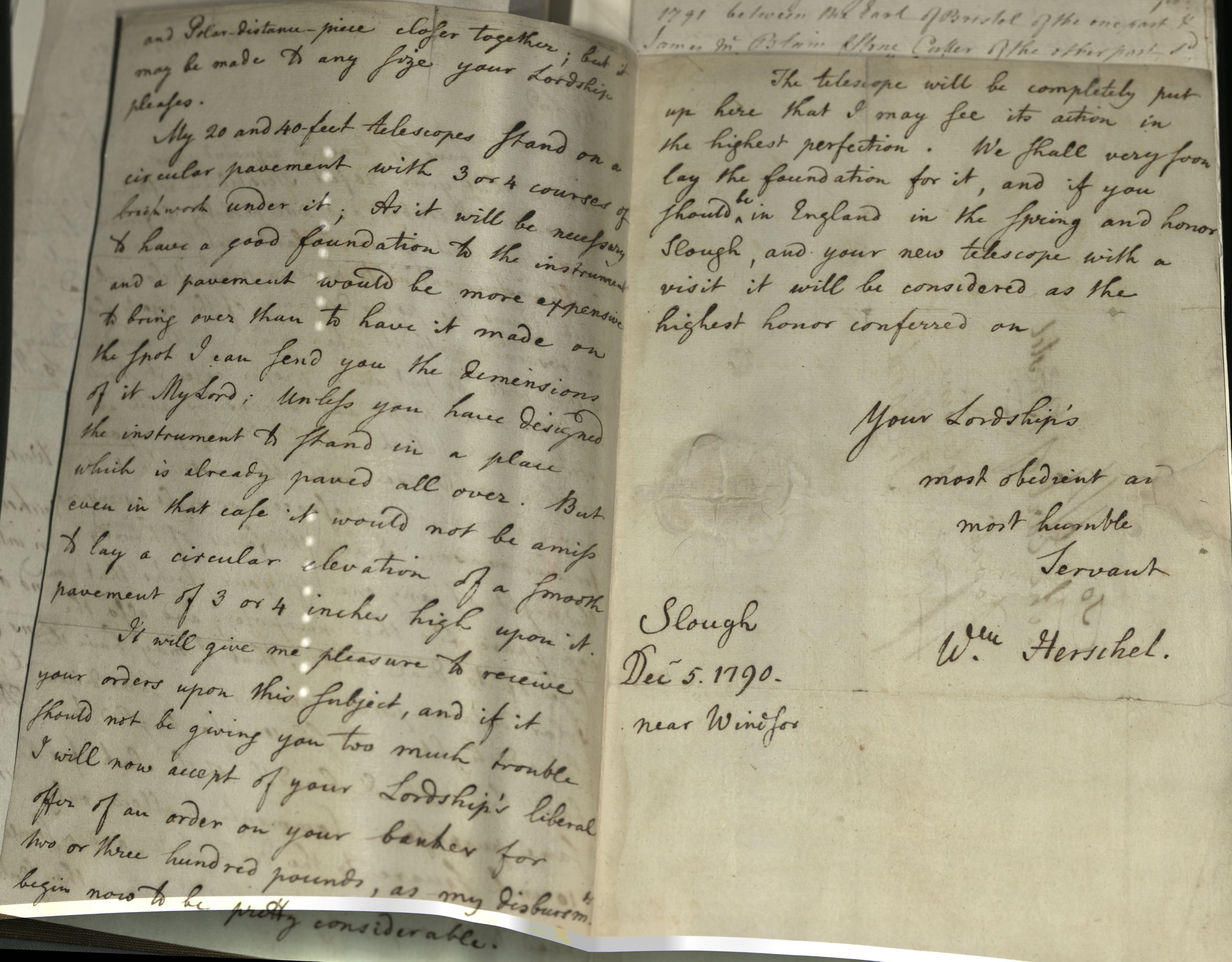 Close up photo of letter from the astronomer William Herschal from 1790