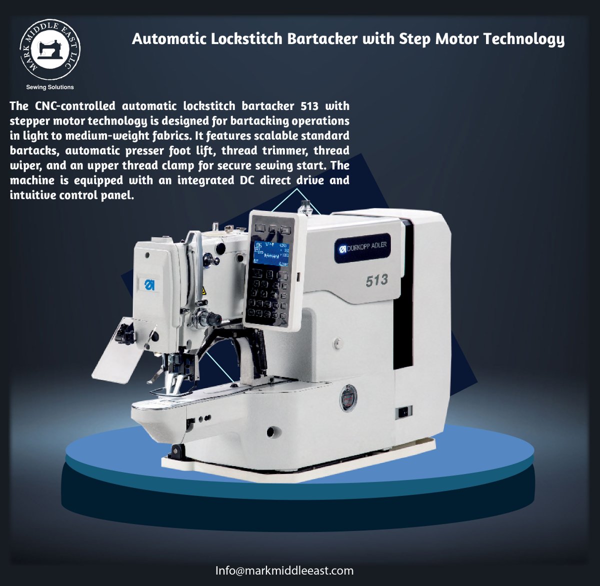 MARKE2002's tweet image. The Dürkopp Adler 513 is a CNC-controlled bartacker designed for light to medium-weight fabrics, featuring standard bartacks and advanced sewing functionalities.
markmiddleeast.ae/product/automa…

#Bartacker #CNCsewing
#IndustrialSewing  #Bartacking  #industrialsewingmachine