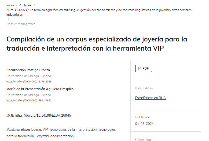 En el último monográfico de ELUA, Encarnación Postigo y María de la Presentación Aguilera han publicado un artículo sobre un corpus especializado de la joyería para la traducción e interpretación.

¡No te lo pierdas!

DOI: doi.org/10.14198/ELUA.…