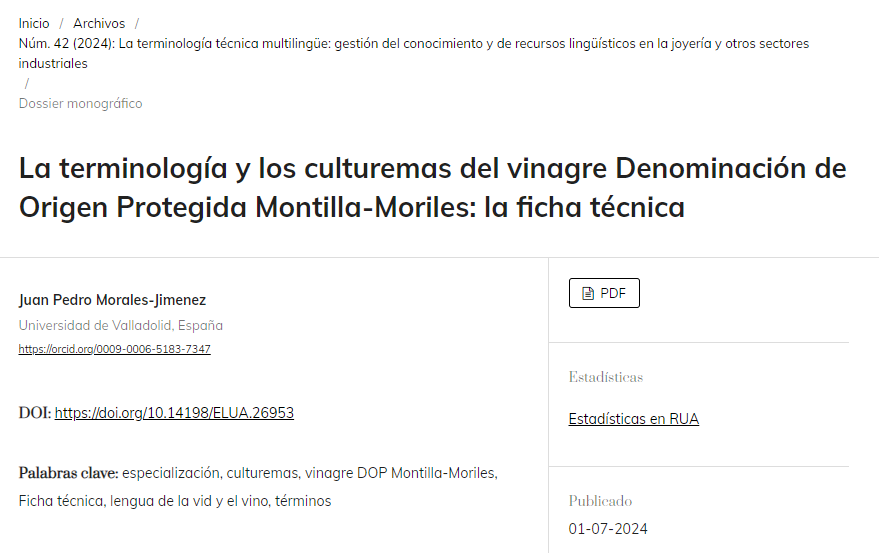 En nuestro último monográfico, <a href="/Juanpedromoji/">Juan Pedro Morales</a> ha publicado un artículo sobre el vinagre, la terminología y los culturemas.

¡No te lo pierdas!

<a href="/vinosdomm/">Consejo Regulador DOP Montilla-Moriles</a>

DOI: doi.org/10.14198/ELUA.…