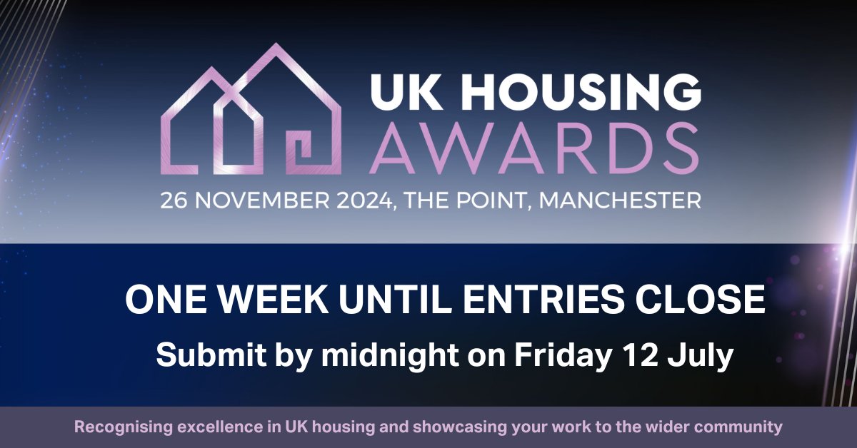You have one week to submit your UK Housing Awards entries ⏰ 

The #UKHousingAwards are a platform to showcase success and new ideas and spread learning across the social housing sector in the UK. Enter here: ukhousingawards.co.uk/categories 

#ukhousing #UKHA #InsideHousing