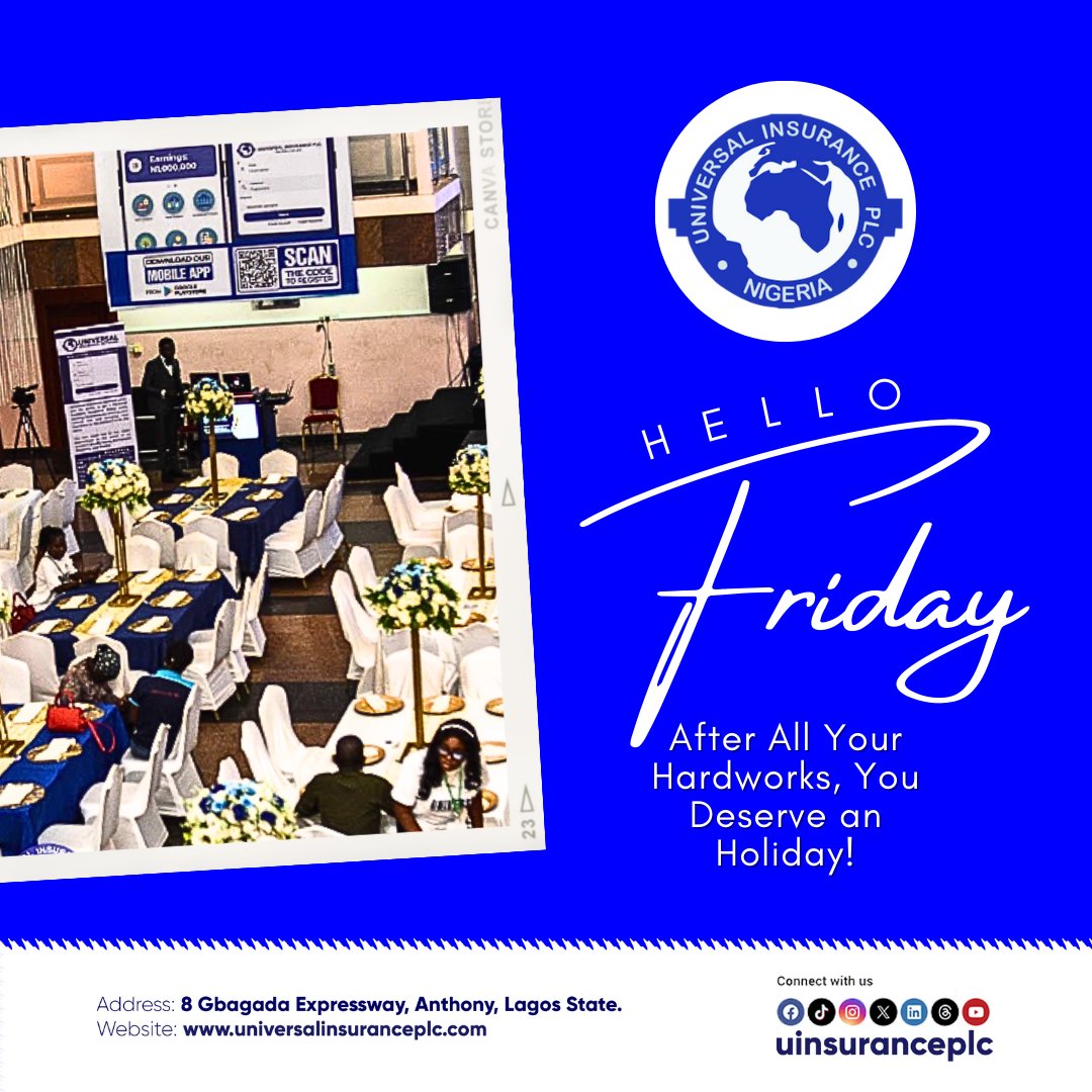 uinsuranceplc's tweet image. Hello Friday! Secure your weekend adventures with peace of mind. Let @uinsuranceplc keep you covered so you can enjoy the fun without the worry. Cheers to a safe and exciting weekend!

#HelloFriday #WeekendReady #InsurancePeace #StayCovered #UniversalInsurance #WeekendVibes #Safe