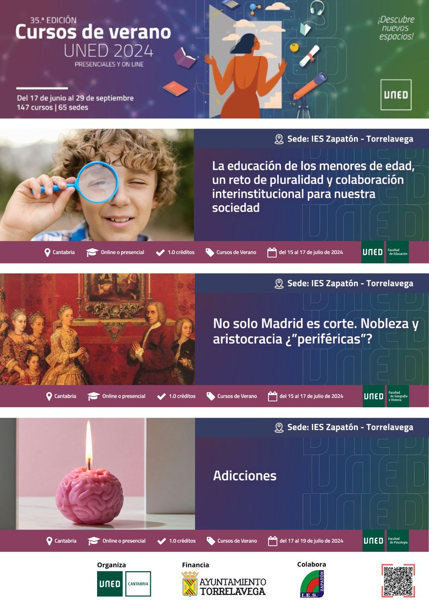 🥁 Estrenos de esta semana... en #Torrelavega #CursosDeVerano de #UNEDCantabria en el
<a href="/IES_Zapaton/">IES Zapatón</a> 
▶️Presenciales y Online, en directo y en diferido, 
 🎓1 CRÉDITO ECTS
🟢Matrícula gratuita para personas empadronadas en Torrelavega.
ℹ️ bit.ly/3V3lG0Q 
<a href="/INTECCAUNED/">INTECCA - UNED</a>