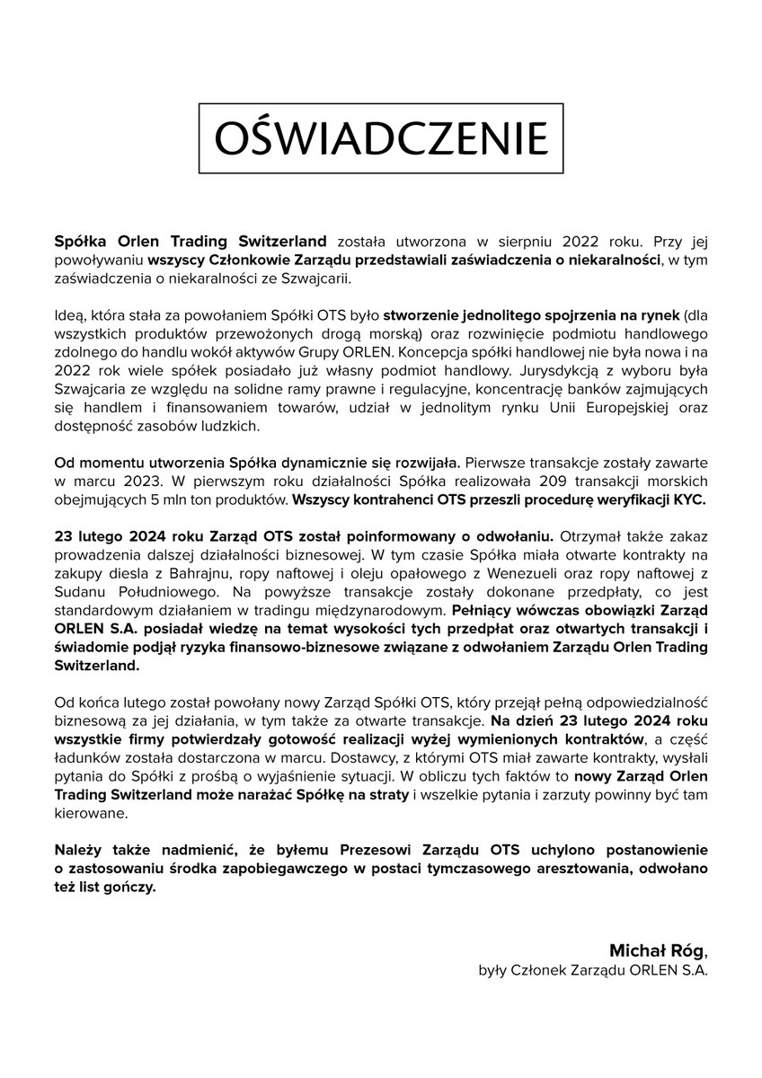Michal_Rog_'s tweet image. Oświadczenie!
W związku z pojawiającymi się licznymi pomówieniami na mój temat, które nie mają żadnego poparcia w faktach, chciałbym Państwu przedstawić swoje stanowisko w tej sprawie.

#OrlenTradingSwitzerland #MichałRóg #Orlen