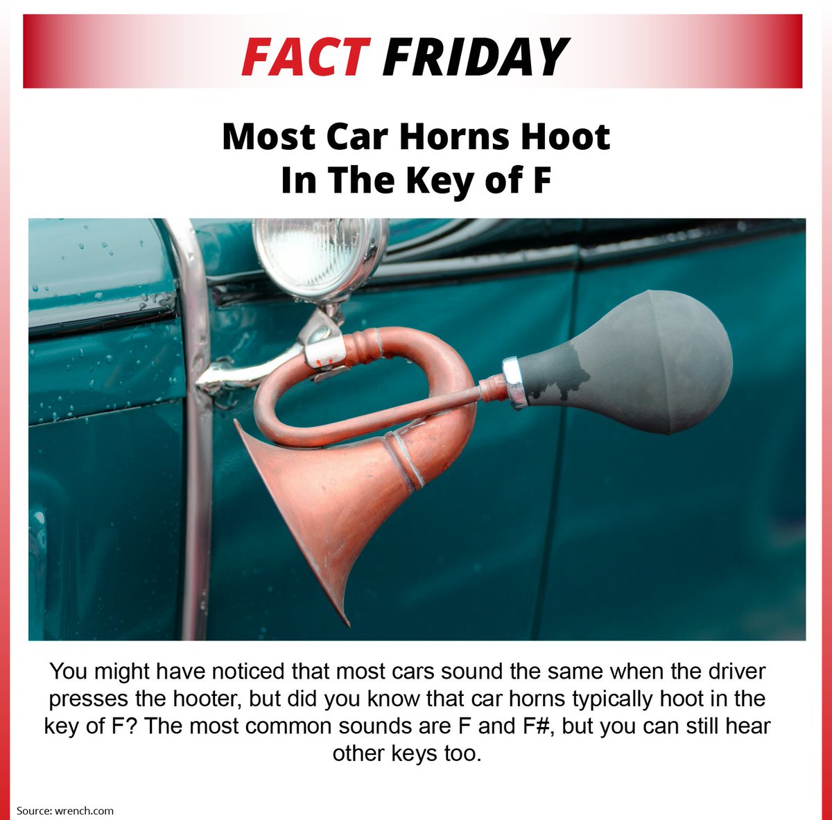 Most Car Horns Honk In The Key of F

🚗🔊 Did you know? Most car horns honk in the key of F! It's a classic sound designed to grab attention and keep you safe on the road. 

🎶🔑 #CarFacts #RoadSafety #DidYouKnow #factFriday