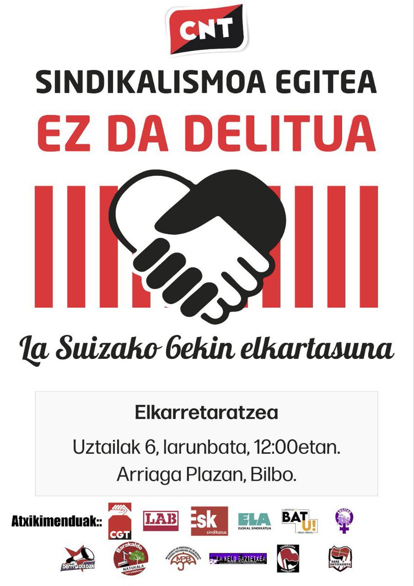 Mañana, sábado 6 de julio, a las 12 en la Plaza del Arriaga (Bilbo), Concentración en solidaridad y apoyo a <a href="/6delaSuiza/">6 de la Suiza</a>
SINDICALISMOA EGITEA EZ DA DELITUA!
EZKERRALDEA ZUTIK!
BAT+U! ZAITEZ!!

#BAT+U!  #unidadobrera
