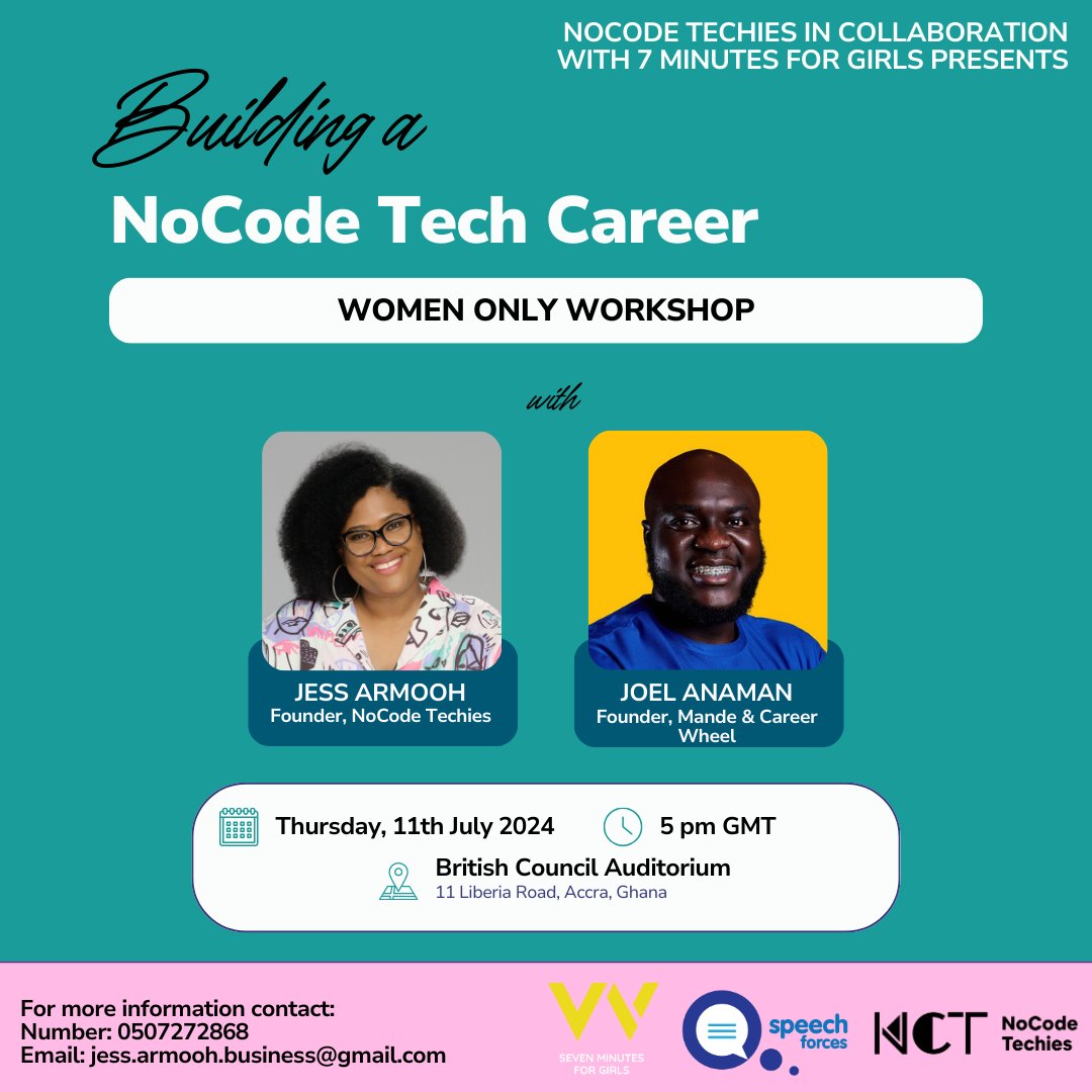 nocodetechies's tweet image. Thrilled to announce our in-person career workshop for early-stage career women and female university students!🎉

This event seeks to equip participants with the knowledge and skills needed to navigate the tech industry and how they can position themselves for a successful -
