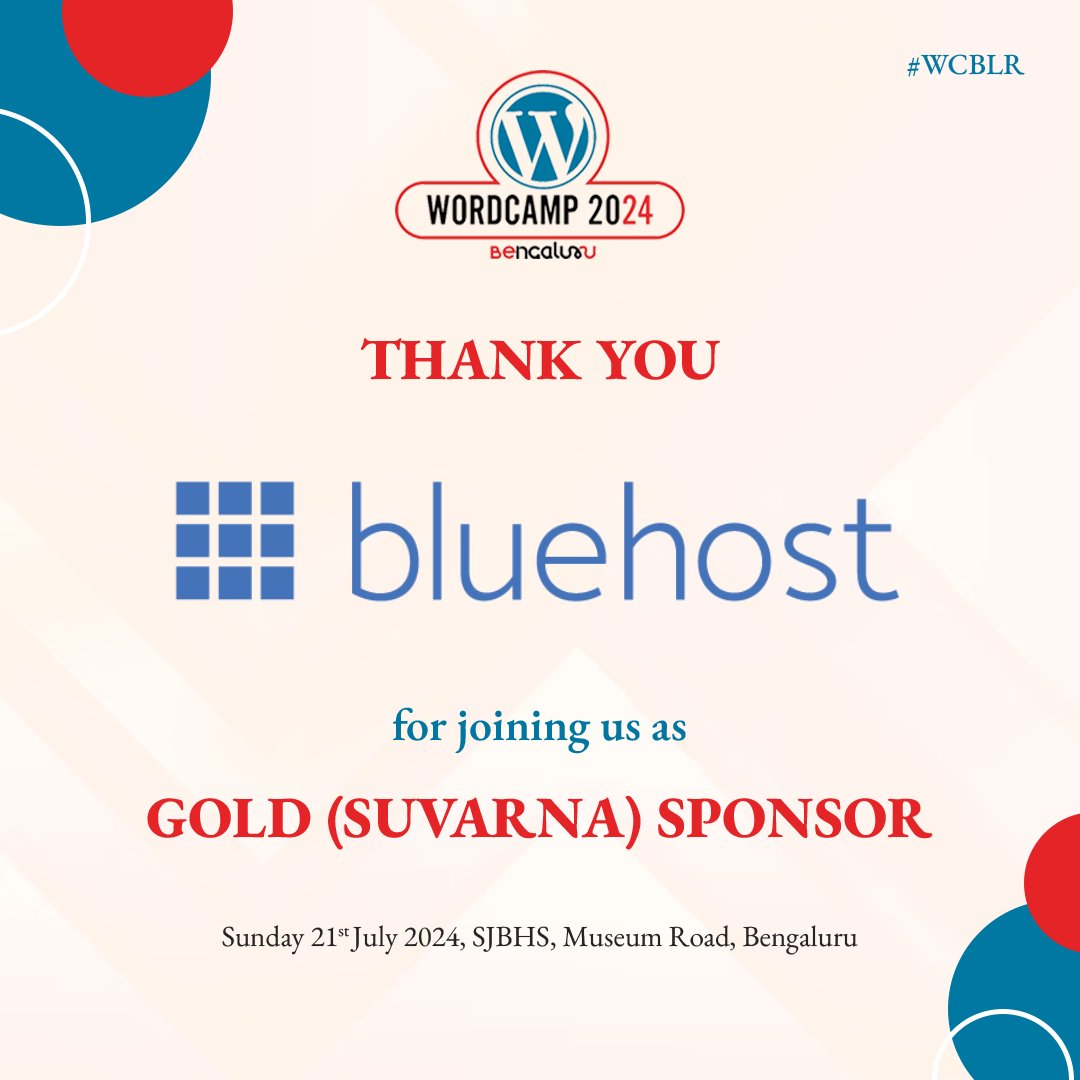 BengaluruWP's tweet photo. We are excited to announce @bluehost as Gold (Suvarna) sponsor for #WCBLR 2024! Thank you for your support.

🔗 Check out the details: https://t.co/nYIZwmwOE0

🎟️ Don't miss out! Book your tickets now: https://t.co/upVwVLw9vj https://t.co/l7lzFwO0ne