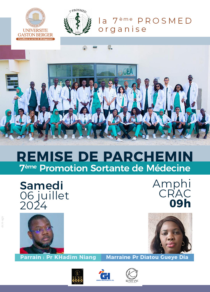 UGBSN's tweet photo. Plus que quelques heures pour la cérémonie de graduation des étudiants de la 7ème Promotion Sortante de Médecine (PROSMED) de l'UFR des Sciences de la Santé de l' UGB qui se tiendra ce samedi 6 juillet 2024 à l'Amphi CRAC à 9H. Vous y êtes tous INVITÉS! https://t.co/9amSG5ZHrx