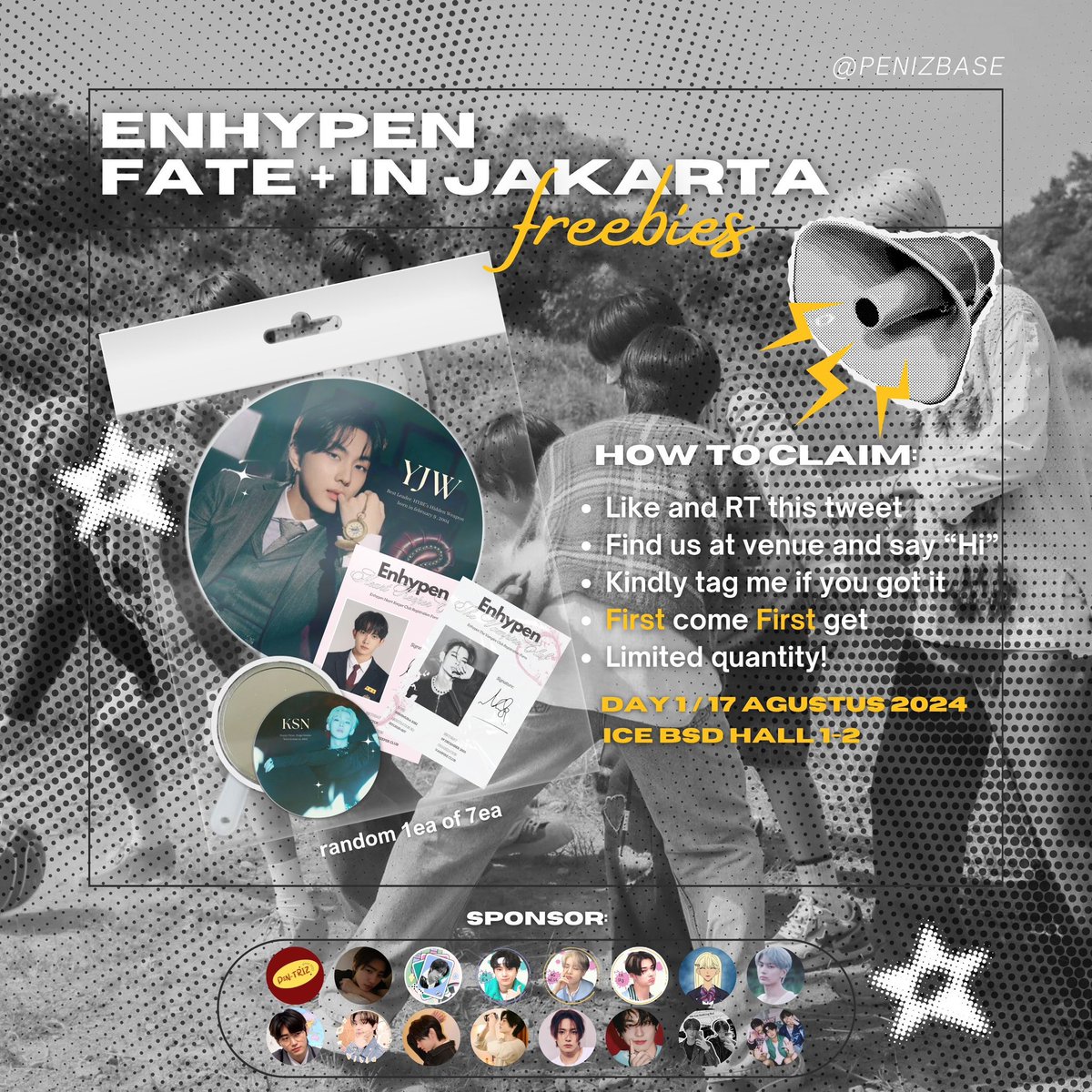 ENHYPEN #FATE_IN_JAKARTA
Freebies — Collab Enhypen-triz ★

  • just say hi 
  • day 1 (17 agustus 2024)
  • rt &amp; like to share 
  • first come first get

see you there, engenes! ᡣ𐭩

#FATEPLUS_IN_JAKARTA #ENHYPEN