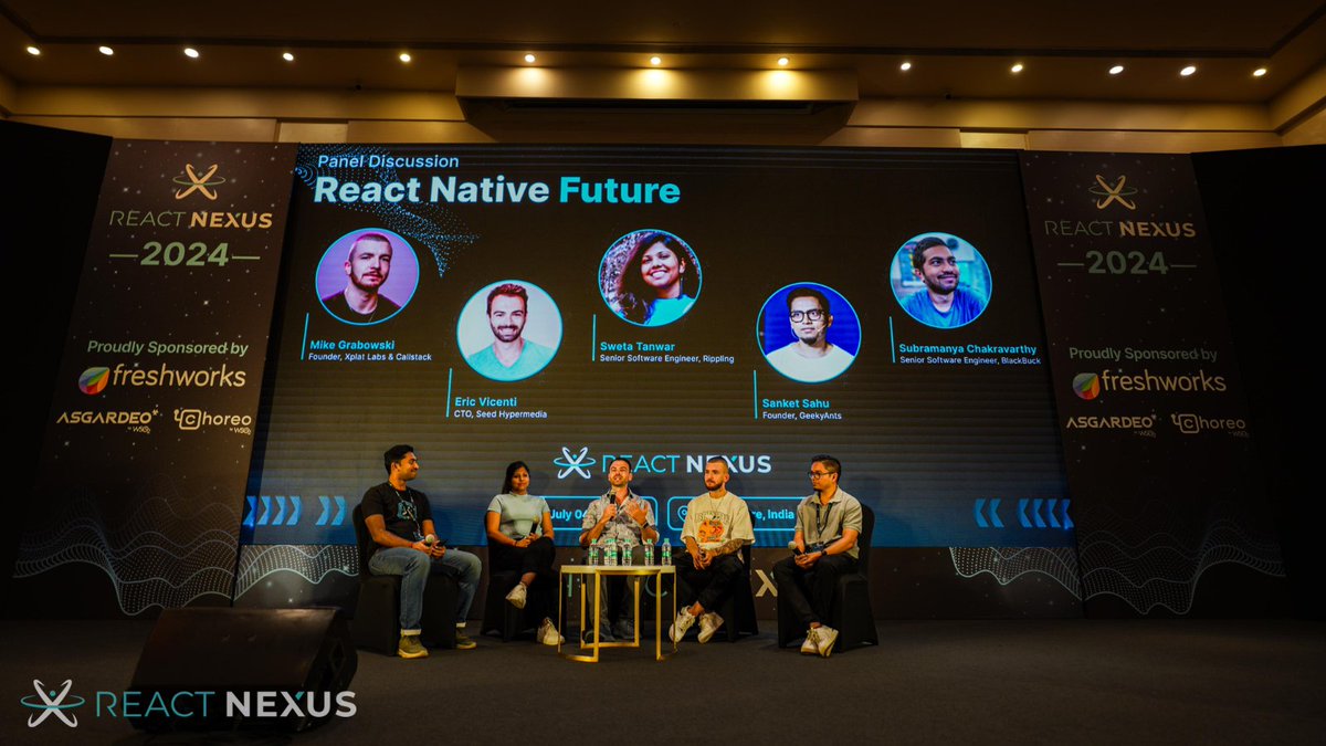 ReactNexus's tweet image. We are having @grabbou , @EricVicenti, @sanketsahu @SwetaTanwar and @chakrihacker with us on stage having a Panel Discussion on React Native!!! ⚛️
#ReactNexus2024 #ReactNexus