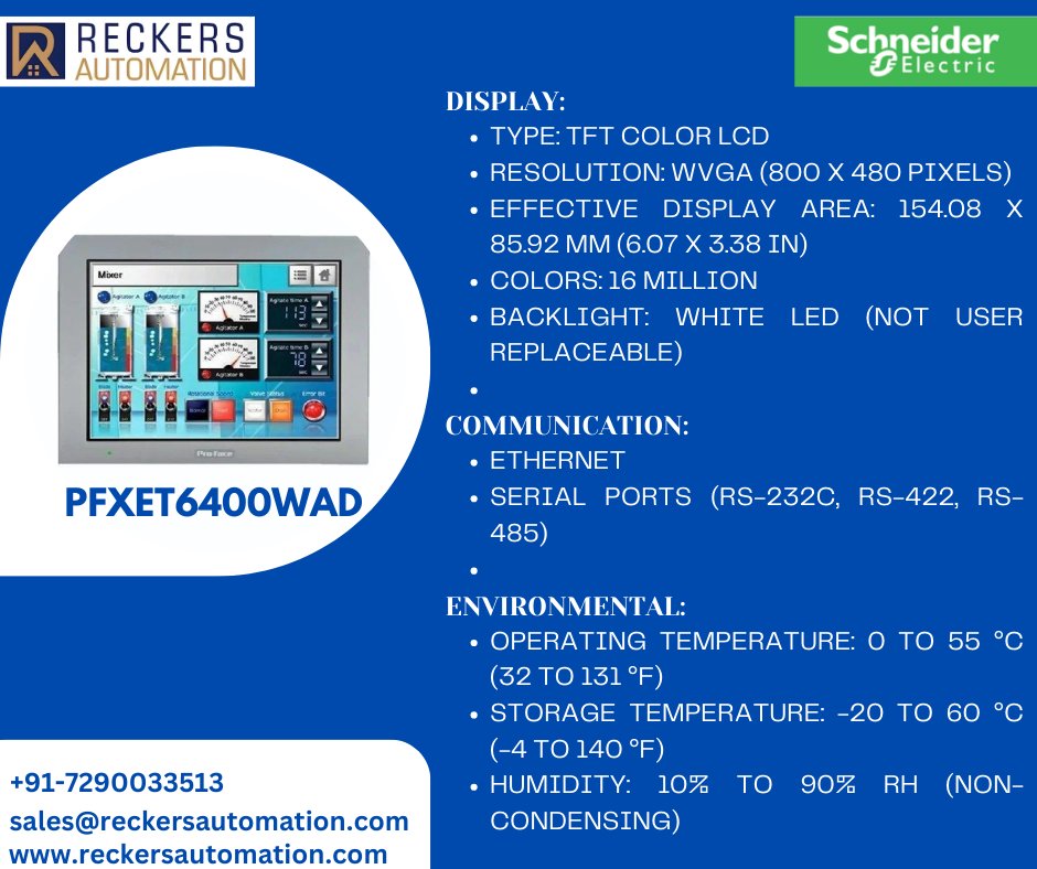 reckers_india's tweet image. Upgrade your control panel: The PFXET6400WAD HMI delivers vivid graphics and versatile communication options.
#SchneiderElectric #Proface #HMI #reckersautomation
