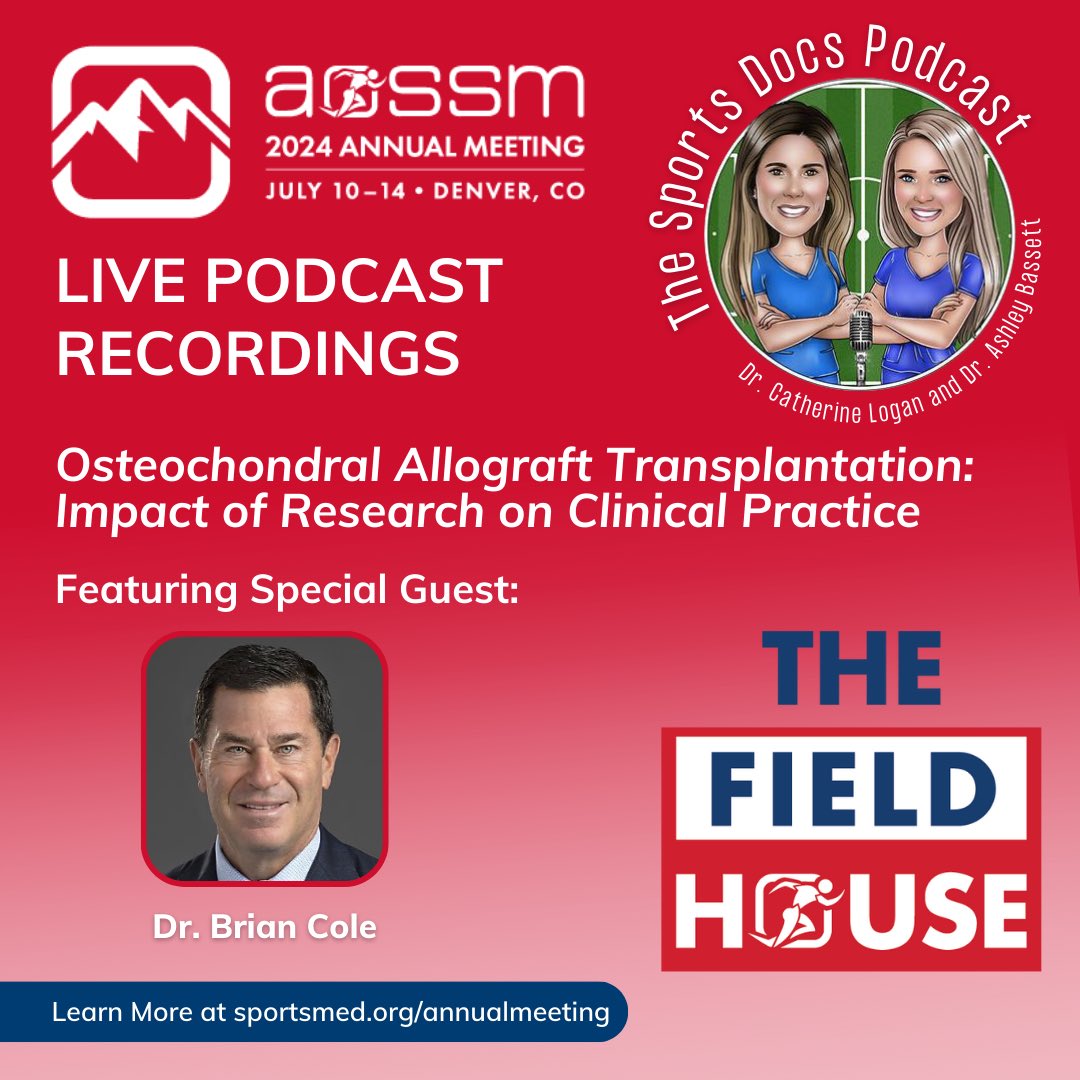 Stop by the Field House at the <a href="/aossm1972/">AOSSM</a> Annual Meeting Thursday, July 11th 2:00-2:30PM to see us record our episode “Osteochondral Allograft Reconstruction: Impact of Research on Clinical Practice” LIVE with <a href="/BrianColeMD/">Brian Cole</a>! <a href="/AshleyBassettMD/">Dr. Ashley J. Bassett</a> <a href="/cloganmd/">Catherine Logan, MD, MBA</a> #AOSSM2024