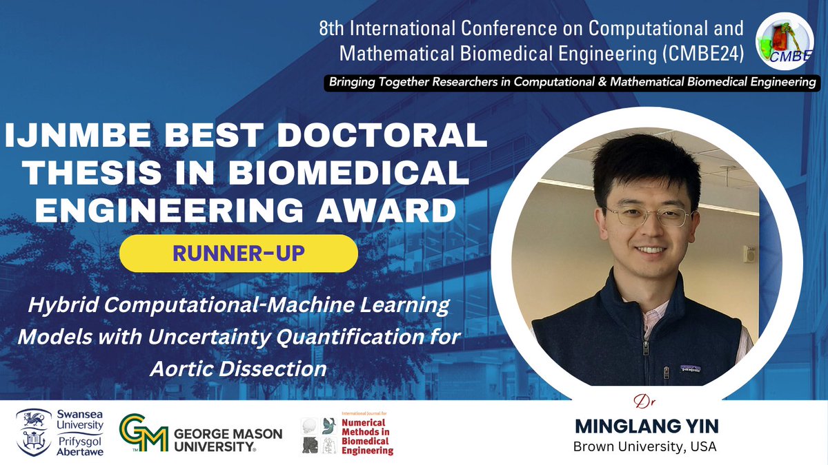 We are excited to announce that the Runner-up for the <a href="/WileyGlobal/">Wiley</a> IJNMBE Best Doctoral Thesis in Biomedical Engineering Award is Dr Minglang Yin from <a href="/BrownUniversity/">Brown University</a>, USA. Supervisor - Professor George Karniadakis. Congratulations! 
#CMBE24 #Biomedical #Award #Research