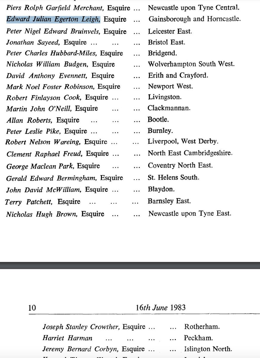 jimwaterson's tweet photo. On 16 June 1983 MPs queued up to take the oath of allegiance. Newly-elected Tory MP Edward Leigh was a few places ahead of new Labour MP Jeremy Corbyn.

Didn't matter until today. But that's why Leigh - and not Corbyn - is now Father of the House, with all the ceremonial roles. https://t.co/wyXUAThYlD