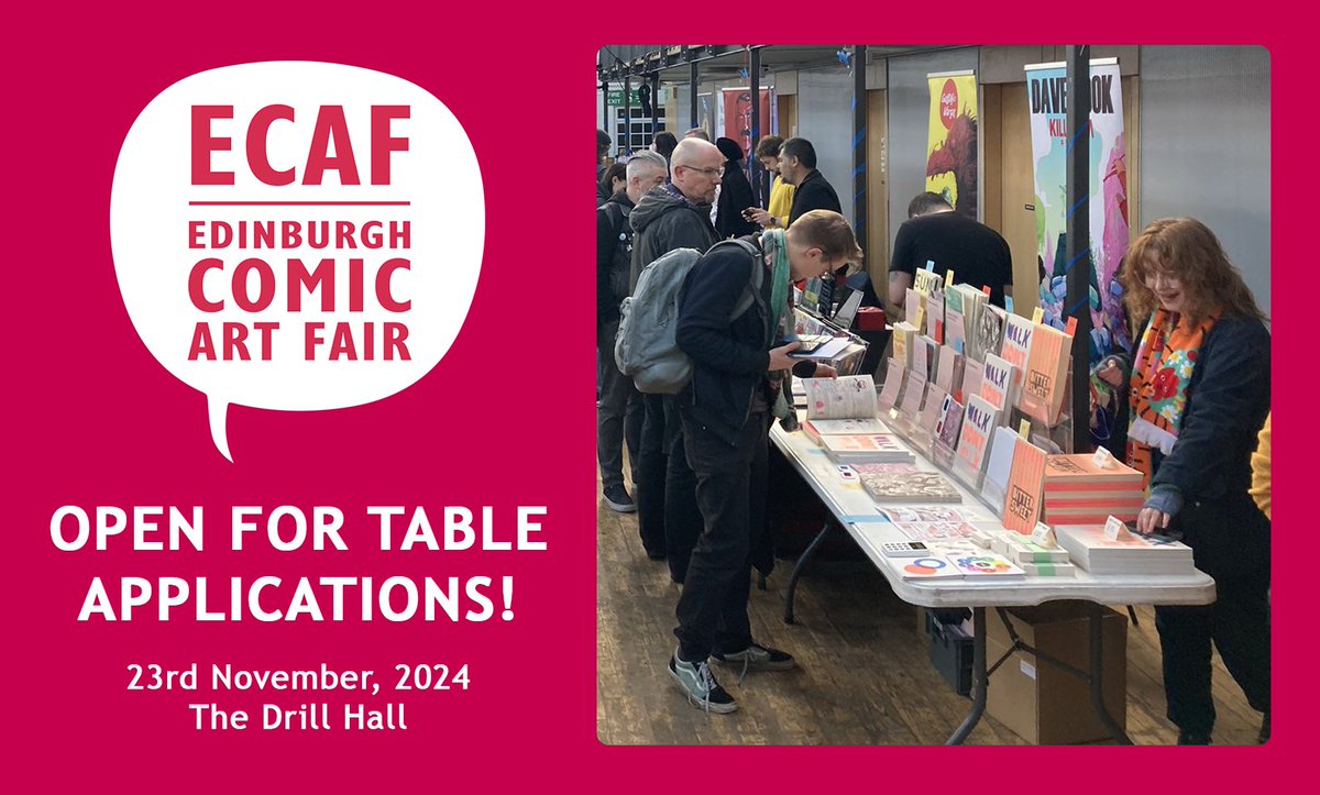 Edinburgh Comic Art Fair is now open for table applications! 

🔴 When: 23rd Nov, 2024
🔴 Where: <a href="/ootbdrillhall/">Out of the Blue</a>, 36 Dalmeny St
🔴 Apply: ecaf.uk/#tabling
🔴 Deadline: Aug 5th