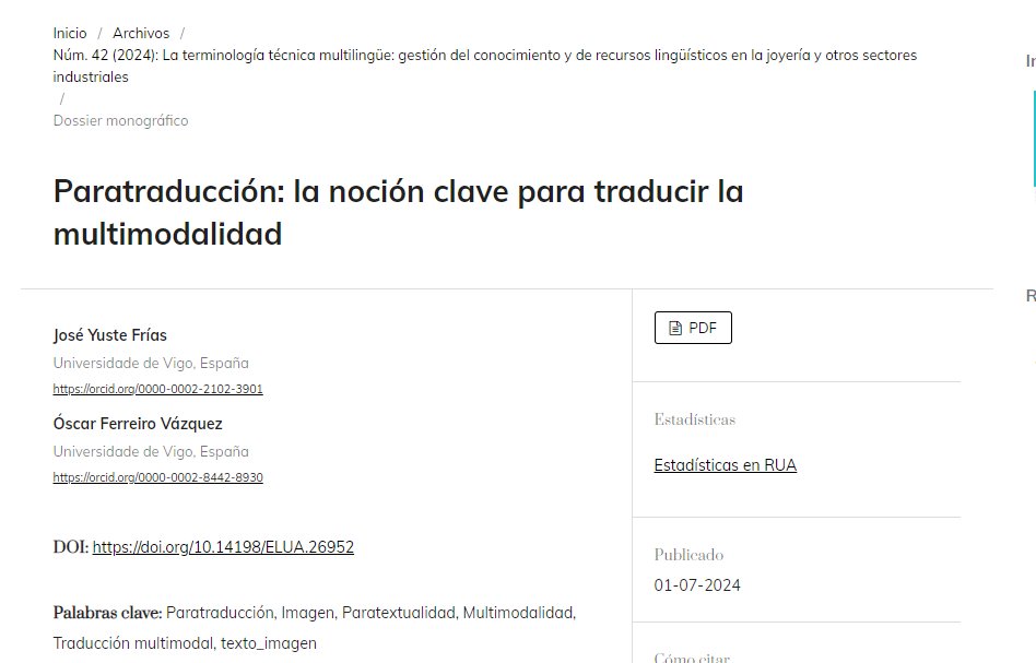 En nuestro último número monográfico, <a href="/joyuste/">José Yuste Frías</a> y <a href="/oscarferreirov/">Óscar Ferreiro-Vázquez</a> nos presentan un trabajo sobre la paratraducción como noción clave para traducir la multimodalidad.

¡No te lo pierdas!

DOI: doi.org/10.14198/ELUA.…