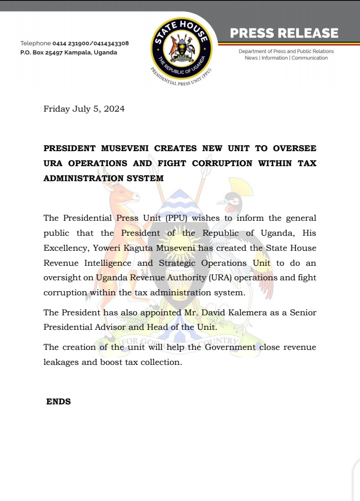 𝐏𝐑𝐄𝐒𝐈𝐃𝐄𝐍𝐓 𝐌𝐔𝐒𝐄𝐕𝐄𝐍𝐈 𝐂𝐑𝐄𝐀𝐓𝐄𝐒 𝐍𝐄𝐖 𝐔𝐍𝐈𝐓 𝐓𝐎 𝐎𝐕𝐄𝐑𝐒𝐄𝐄 
𝐔𝐑𝐀 𝐎𝐏𝐄𝐑𝐀𝐓𝐈𝐎𝐍𝐒 𝐀𝐍𝐃 𝐅𝐈𝐆𝐇𝐓 𝐂𝐎𝐑𝐑𝐔𝐏𝐓𝐈𝐎𝐍 𝐖𝐈𝐓𝐇𝐈𝐍 𝐓𝐀𝐗 
𝐀𝐃𝐌𝐈𝐍𝐈𝐒𝐓𝐑𝐀𝐓𝐈𝐎𝐍 𝐒𝐘𝐒𝐓𝐄𝐌. 
#OpenGovUg