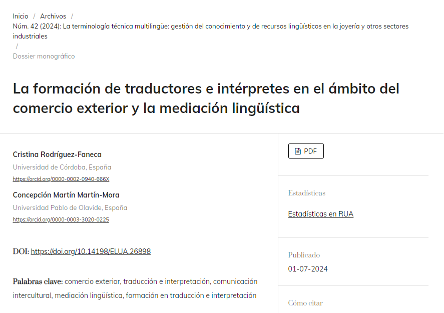 Si te estás formando en traducción e interpretación, este trabajo te interesa.

Cristina Rodríguez Faneca y Concepción Martín Martín-Mora reflexionan sobre el ámbito del comercio exterior y la mediación lingüística.

DOI: doi.org/10.14198/ELUA.…