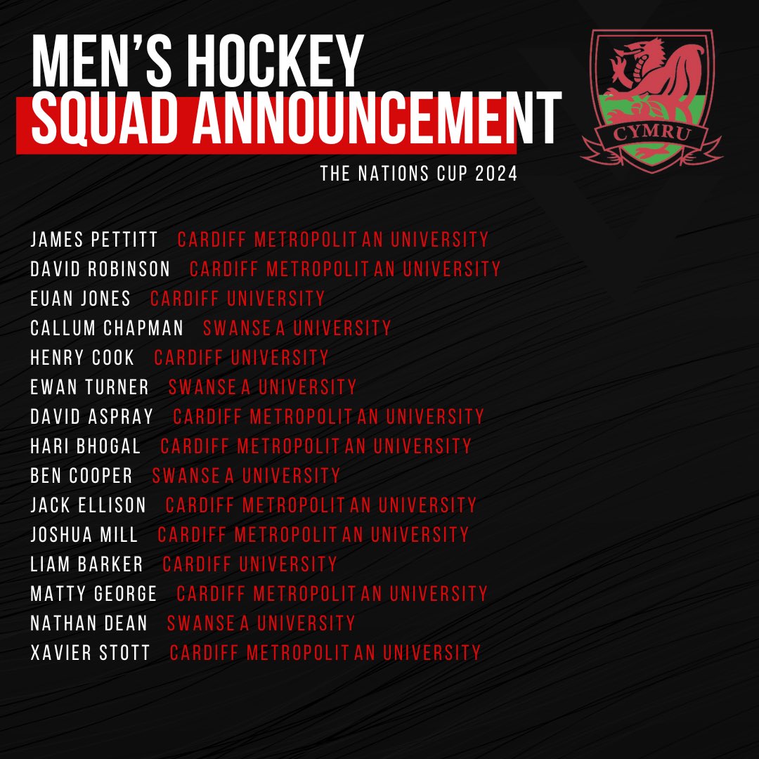 Our Men’s Hockey squad for The Nations Cup 2024 🏑🏴󠁧󠁢󠁷󠁬󠁳󠁿

Well done / Da iawn to those selected for Monday 👏