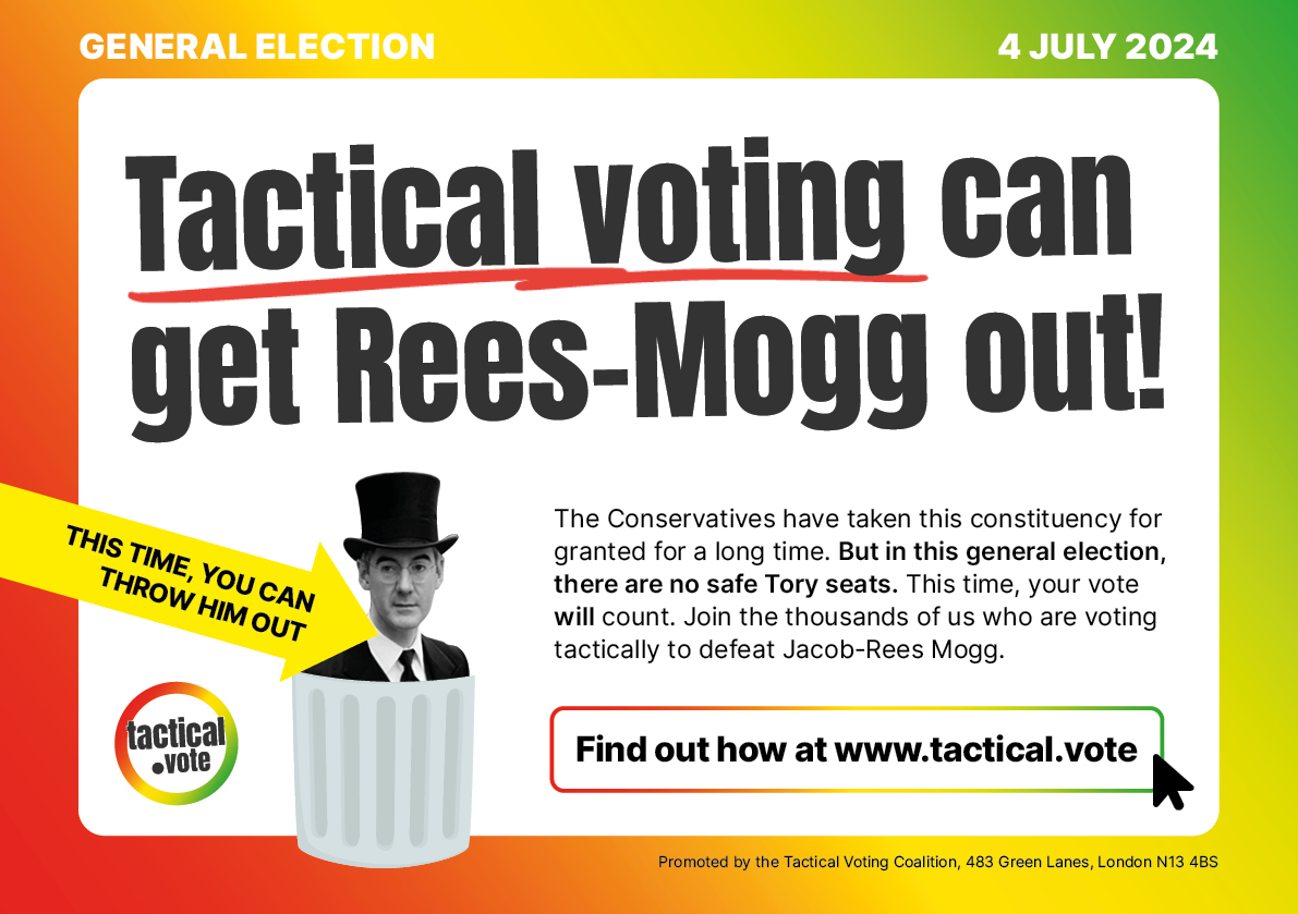 tactical2024's tweet photo. https://t.co/v0t9KMBb26's #1 top target seat was Jacob Rees-Mogg's constituency of North East Somerset and Hanham, where our supporters crowdfunded to distribute tens of thousands of leaflets.

We are delighted that this work paid off, with Rees-Mogg losing his seat to Labour. https://t.co/rWB8C0ee6q