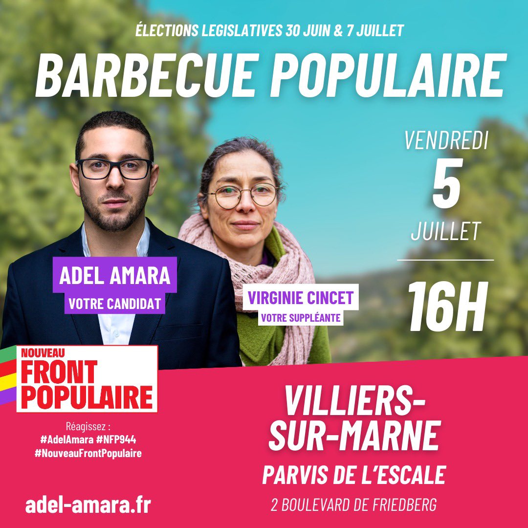 adelamara94's tweet photo. On vous donne rendez-vous à Villiers pour finir la campagne en beauté dans un moment convivial ! #election2024 #legislative #nouveaufrontpopulaire #nfp #nfp94 #valdemarne #villierssurmarne https://t.co/WqvMruSE4D