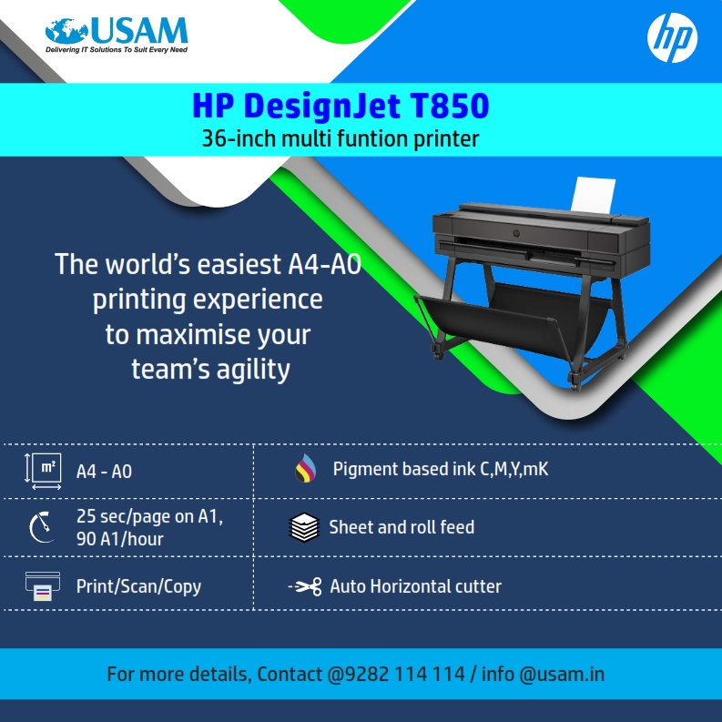 UsamTech's tweet image. Precise, fast, and reliable—that&apos;s the HP T850 printer. 
For a demo, reach out to us at 9282114114 or info@usam.in
#HPDesignjet #PrintingSolutions #usam #hp