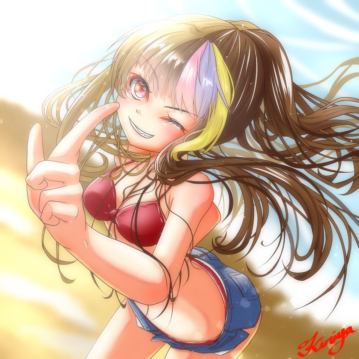 澪田唯吹 「ビキニの日らしいけどあんま描いてないのよな… 」|桐矢＠後方腕組み観葉植物のイラスト