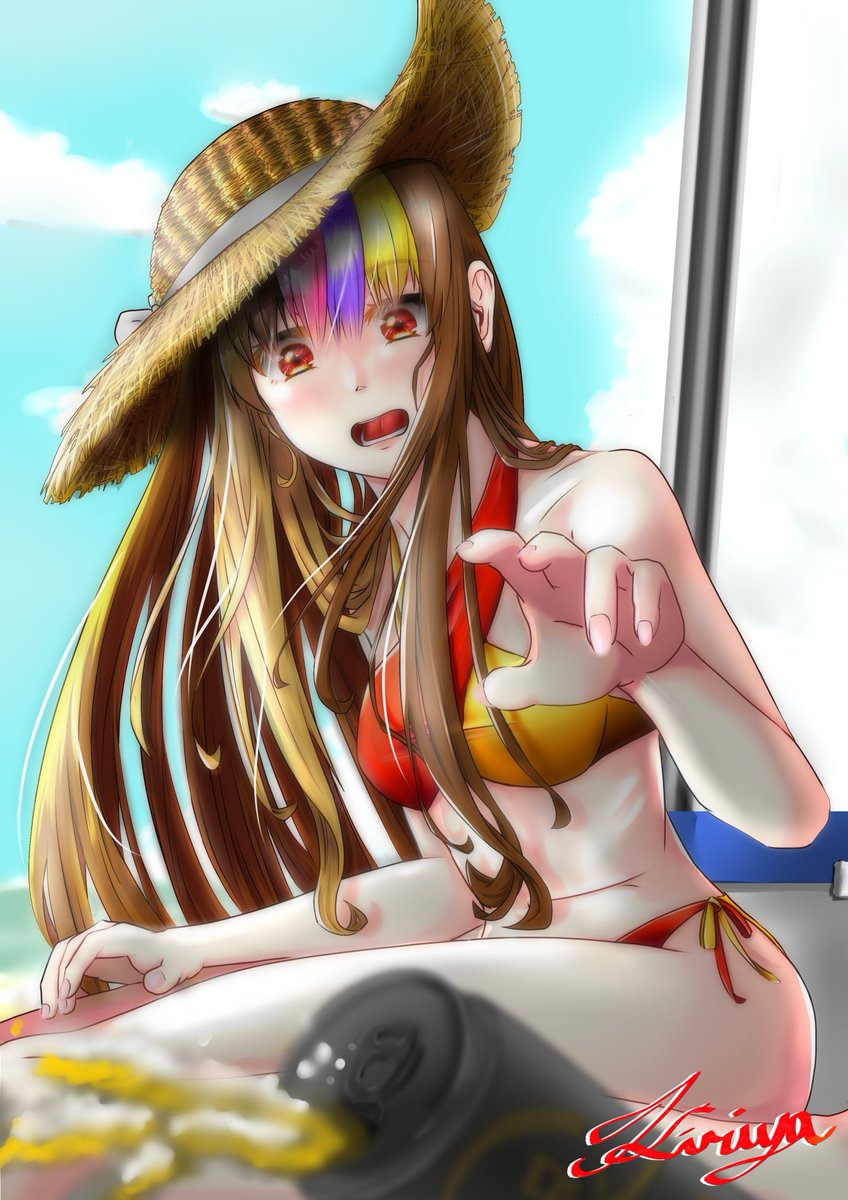 澪田唯吹 「ビキニの日らしいけどあんま描いてないのよな… 」|桐矢＠後方腕組み観葉植物のイラスト