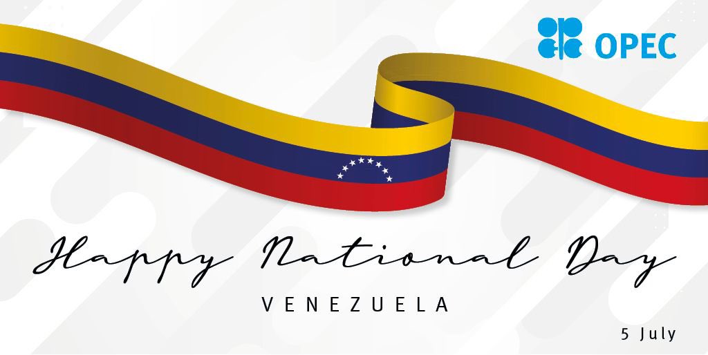 OPECSecretariat's tweet photo. Happy #NationalDay, Venezuela!

The #OPEC Family wishes the Government and People of the Bolivarian Republic of Venezuela prosperity and success. https://t.co/IriO8YNfNi
