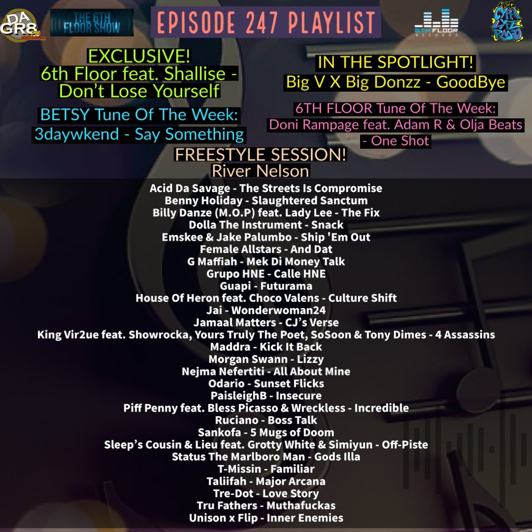 The 6th Floor Show (@the6thfloorshow) on Twitter photo Episode 247 #ComingSoon 09/07/24 #The6thFloorShow
<a href="/realkingvir2ue/">King Vir2ue</a> <a href="/YrsTrulythepoet/">yourstrulythepoet</a> @sosoon <a href="/Morgann_Swann/">Morgan Swann</a> <a href="/nejmanefertiti/">Nejma Nefertiti</a> <a href="/OdarioWilliams/">ODARIO</a> <a href="/Wreckless610/">Big Money Album Out Now!!!</a> @sankofafw <a href="/T_missin/">T M i SS i N</a> <a href="/Taliifah_ldn/">.𝐓𝐀𝐋𝐈𝐈𝐅𝐀𝐇💜👁️💎✨</a> <a href="/BOSSTREDOT/">BOSSTREDOT</a> <a href="/SleepsCousinLL/">Sleep’s Cousin</a> <a href="/lieu_music/">Lieu</a> <a href="/SimiyunRaps/">Simiyun</a> <a href="/AustroFlip/">Flip</a> Episode 247 #ComingSoon 09/07/24 #The6thFloorShow
<a href="/realkingvir2ue/">King Vir2ue</a> <a href="/YrsTrulythepoet/">yourstrulythepoet</a> @sosoon <a href="/Morgann_Swann/">Morgan Swann</a> <a href="/nejmanefertiti/">Nejma Nefertiti</a> <a href="/OdarioWilliams/">ODARIO</a> <a href="/Wreckless610/">Big Money Album Out Now!!!</a> @sankofafw <a href="/T_missin/">T M i SS i N</a> <a href="/Taliifah_ldn/">.𝐓𝐀𝐋𝐈𝐈𝐅𝐀𝐇💜👁️💎✨</a> <a href="/BOSSTREDOT/">BOSSTREDOT</a> <a href="/SleepsCousinLL/">Sleep’s Cousin</a> <a href="/lieu_music/">Lieu</a> <a href="/SimiyunRaps/">Simiyun</a> <a href="/AustroFlip/">Flip</a>