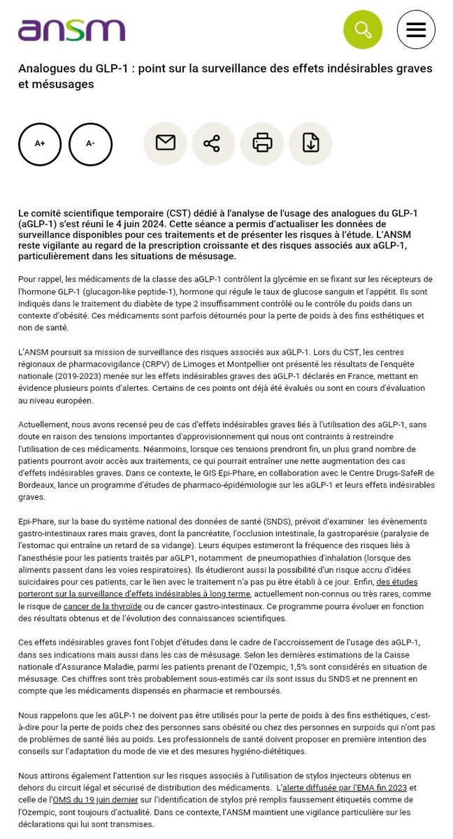 Lancement d'un programme d'étude des effets indésirables graves des antidiabétiques analogues du GLP-1, comme l'#Ozempic (détourné pour perdre du poids) : pancréatite, paralysie de l'estomac, idées suicidaires, cancers, pneumopathies, etc.

1/3