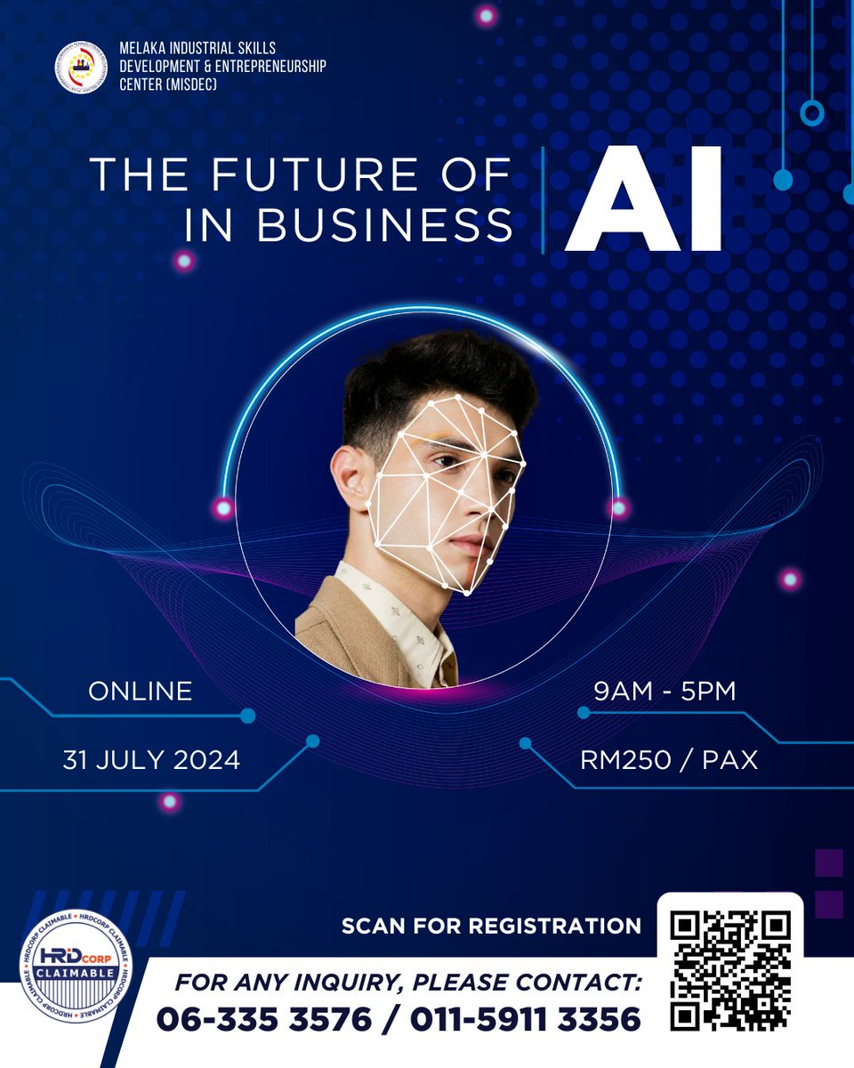 "AI is not just a technology, it's the future of business innovation."

Discover the latest trends, tools, and strategies to stay ahead in the rapidly evolving world of AI.

Date: 31 July 2024, Wednesday
Time: 9am to 5pm
Fee: RM 250/pax
Mode: Online
