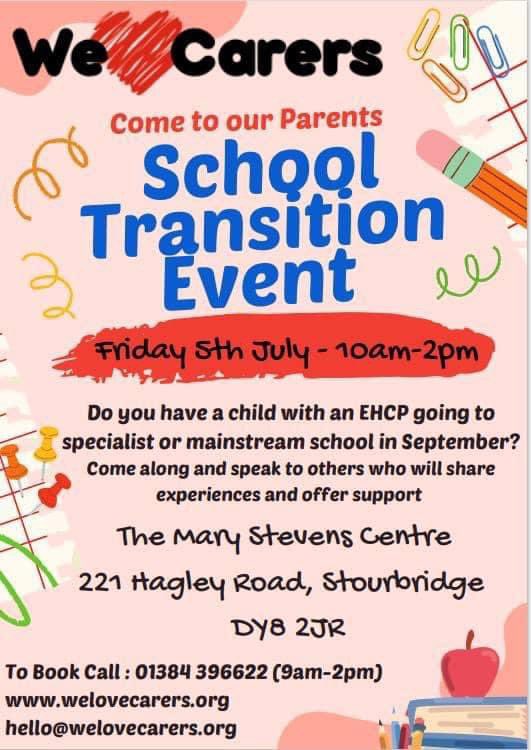 Don’t forget!

If you have a child with SEND who is starting primary school in September, come along to our Transition Event today, where you’ll find support, information and advice. 
There is a crèche on site so your child can have fun while you learn about local resources.