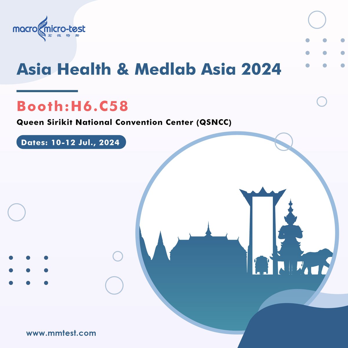 MacroMicroTest's tweet image. 5 days left to kick off our exhibition at #Medlab Asia (Aisa Health & Medlab Asia 2024) in Thailand.
We sincerely invite you to visit our booth:
Venue: Queen Sirikit National Convention Center (QSNCC)
Date: July 10-12, 2024
Booth: H6. C58
#medlab