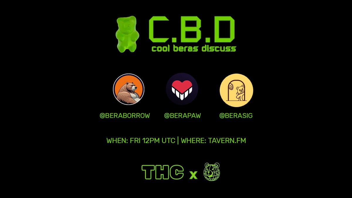 BeraLand (@bera_land) on Twitter photo Henlo Beras 🐻
Join us today 12:00 PM UTC in our CBD #3 with <a href="/beraborrow/">Beraborrow (🐻⛓️🍯)</a> <a href="/0xBeraPaw/">BeraPaw (💧,🐾)</a> @BeraSigHub !
We look forward to deep dive into these ecosystem projects. 🧸
Tavern Link:
tavern.fm/taverns/Riwq5l… Henlo Beras 🐻
Join us today 12:00 PM UTC in our CBD #3 with <a href="/beraborrow/">Beraborrow (🐻⛓️🍯)</a> <a href="/0xBeraPaw/">BeraPaw (💧,🐾)</a> @BeraSigHub !
We look forward to deep dive into these ecosystem projects. 🧸
Tavern Link:
tavern.fm/taverns/Riwq5l…