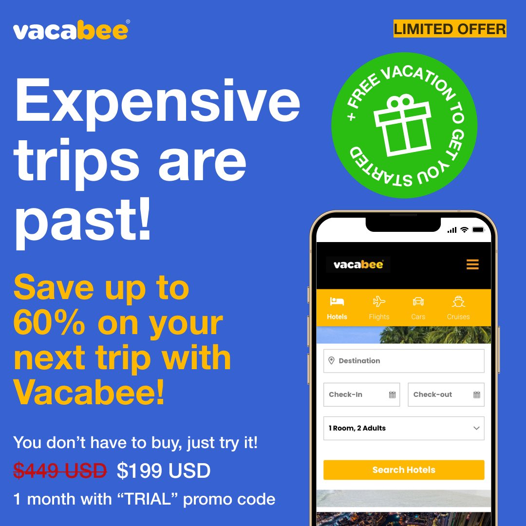 mrbeeai's tweet photo. Turn your vacation dreams into reality with Vacabee! ✈️ 

Save up to 60% on your next trip! 

Use the promo code 𝐓𝐑𝐈𝐀𝐋 and watch price drop from $449 USD to🔥$199 USD🔥. 

Don’t miss out on this limited offer - try it now and travel smart!

https://t.co/n1G0sMB2Xk https://t.co/uPP1E6rL5j