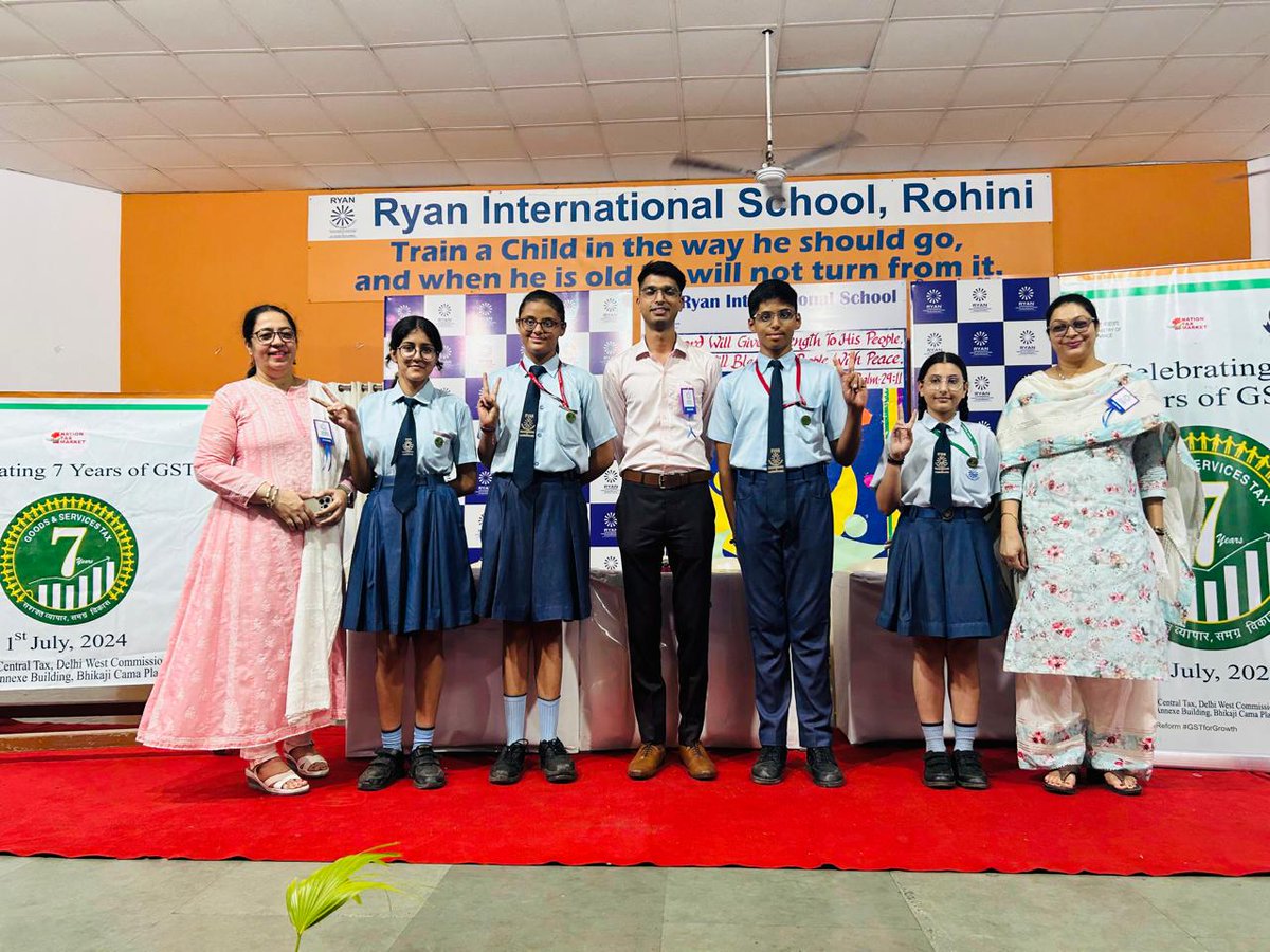 cgstdelhizone's tweet photo. Celebrating GST Day- CGST Delhi Zone successfully organized Drawing Competition, Quiz & Essay contests at Ryan International School & KV RK Puram-2, inspiring creativity, spreading awareness about GST and honouring the young talents as GST Ambassadors. #7yearsofGST @cbic_india https://t.co/48ZS0qwfi4