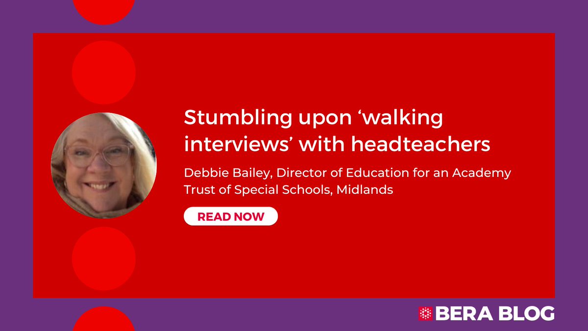 📝 NEW BLOG POST 

Stumbling upon ‘walking interviews’ with headteachers
By Debbie Bailey 

Read here: bera.ac.uk/blog/stumbling…