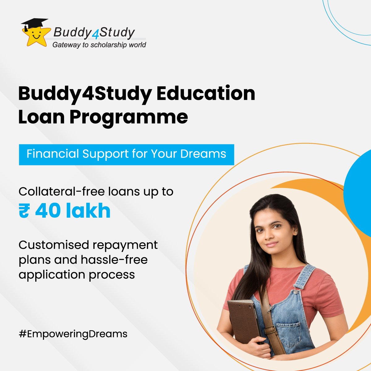 Buddy4Study's tweet image. Buddy4Study Education Loan Programme is here to provide collateral-free loans up to ₹ 40 lakh for your higher studies. Apply now. b4s.in/a/tt_LOAN1_202… 

#EducationLoan #Buddy4Study #EmpoweringDreams