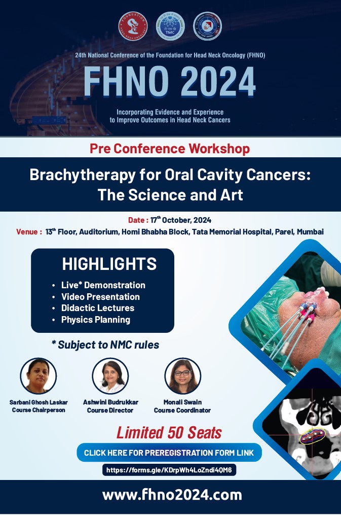 Announcing preconference workshop on brachytherapy for oral cancers as a part of FHNO 2024 in October 2024 at Mumbai. Workshop will include live case (based on availability), videos, didactic lectures &amp; planning session. Please Pre-register for the event. 
forms.gle/KDrpWh4LoZndi4…
