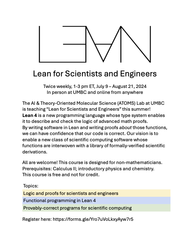 trjosephson's tweet photo. Interested in learning a new programming language that enables you to prove the code you've written is correct?

Starting next week, we're teaching "Lean for Scientists and Engineers"! https://t.co/cRiUCgMYXT