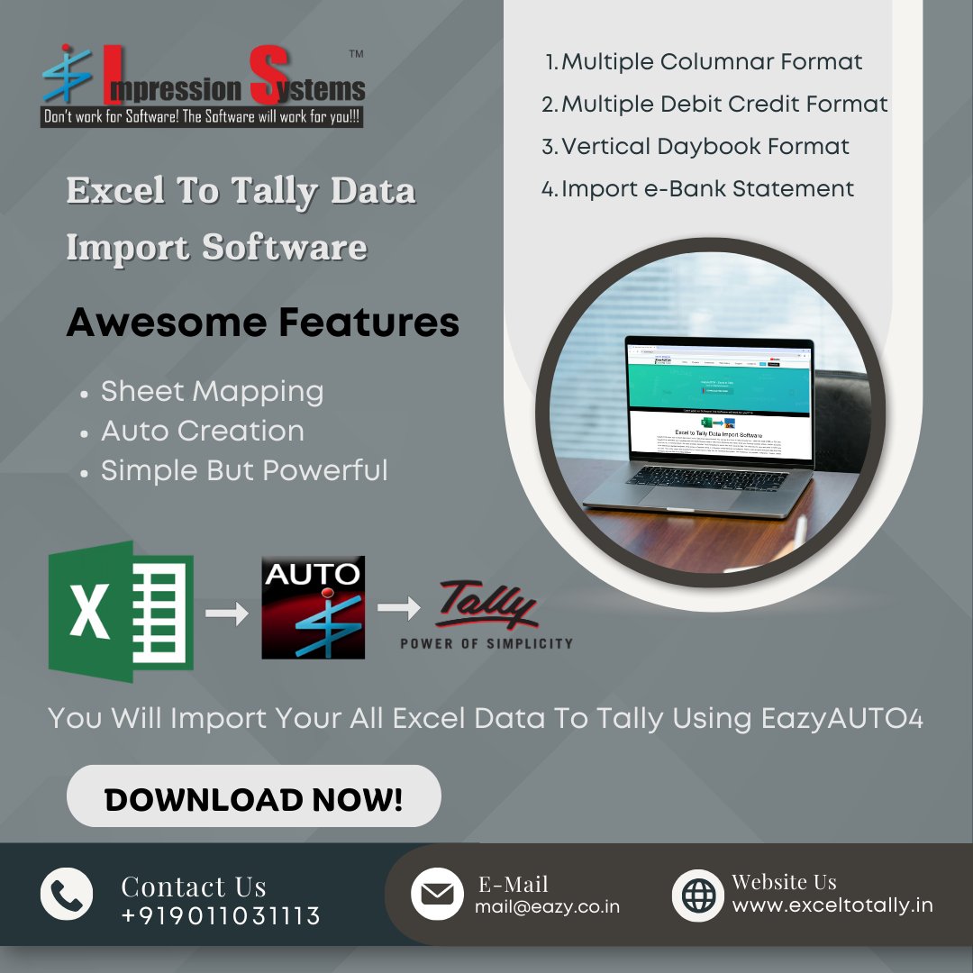 exceltotally's tweet image. #Exceltotally #Excel #tally 
✆ WhatsApp Number 090110 31113
✉ email : mail@eazy.co.in
🔗 exceltotally.in
Impression Systems &amp;amp; Software Pvt. Ltd.