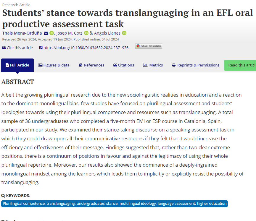 UdLCLA's tweet photo. Our colleagues @ThaisNeor , JM Cots &amp; Àngels Llanes have just published an insightful study on students' #stance on #translanguaging🗣️, revealing that there is a continuum of positions but an ingrained dominance of #monolingual mindsets
Check it out! ➡️ https://t.co/hsBqyy7GZM https://t.co/WwrNfmszsO