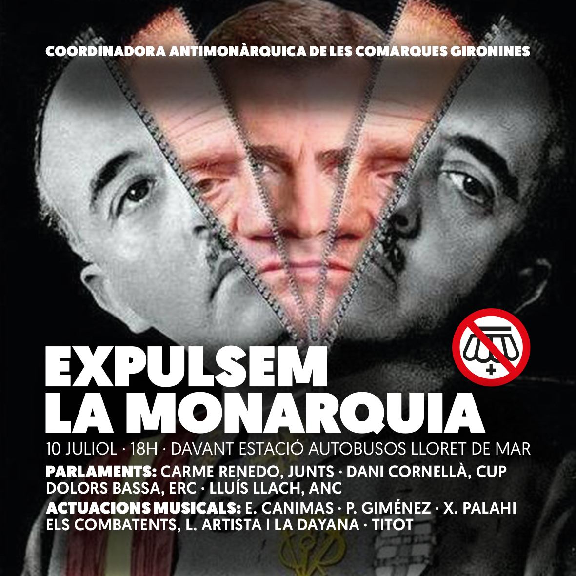 Dimecres convoquem
massivament a la
manifestació en contra de
la monarquia
A Lloret de Mar no tenim re
i no acceptem les seves
visites per blanquejar la
seva imatge
FORA LA MONARQUIA DE
LLORET DE MAR ! VISCA
LA REPÚBLICA
U
CATALANA
#CDRCatalunya